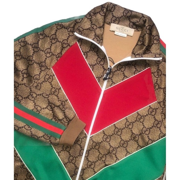 Gucci Monogram Track Jacket Technical Jersey W/Web Print Unisex M Vtg Camel‎ NEW - Picture 1 of 16